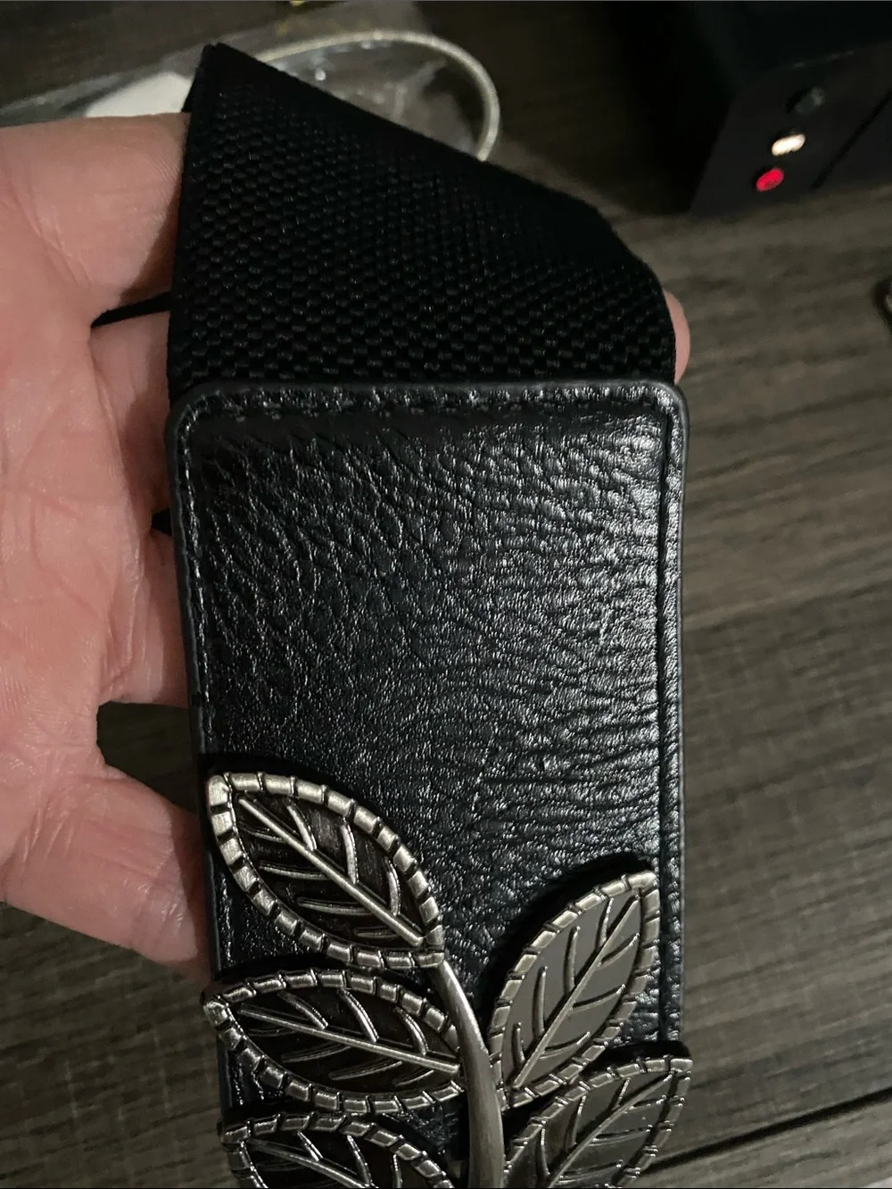 Black Elastic Belt with Decorative Silver Leaf Buckle